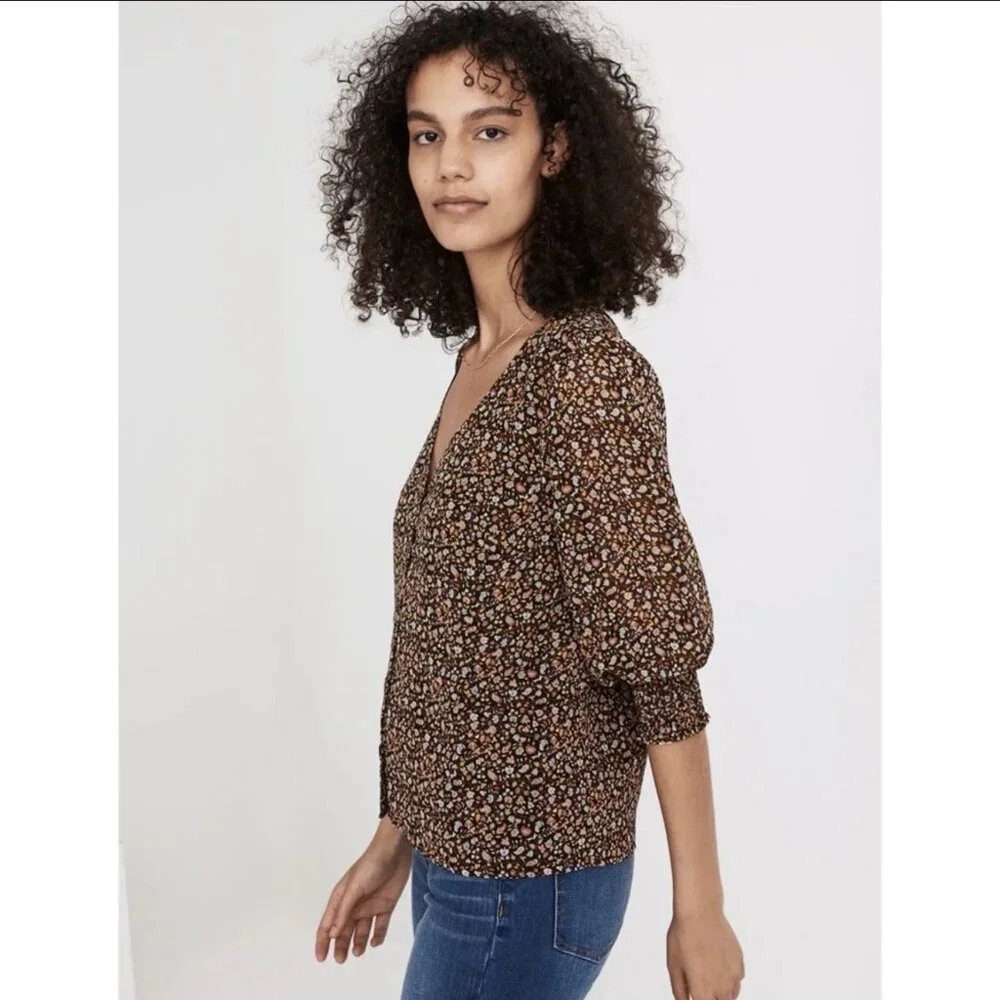 MADEWELL Georgette Smocked-Cuff Button-Front Shirt in Folktale Paisley Size 0